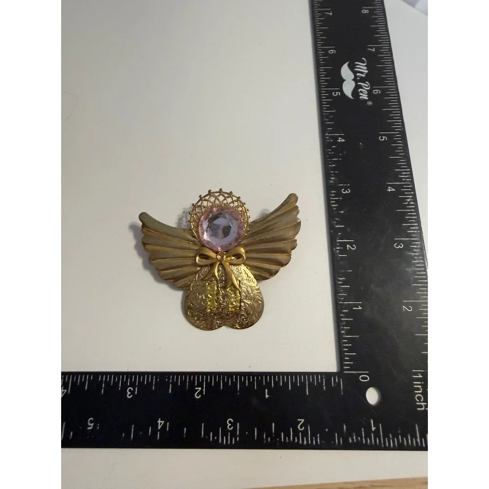 Vintage Gold Tone Angel Brooch Pink Rhinestone Filigree Wings Celestial Pin
